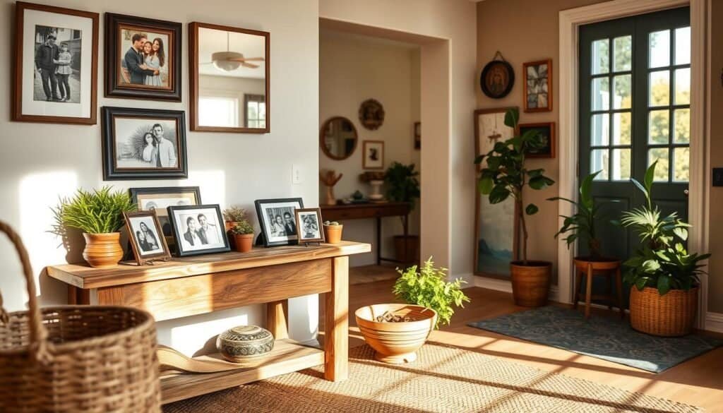 A cozy and inviting entryway showcasing meaningful displays, featuring a rustic wooden console table adorned with framed family photos, potted plants, and a decorative bowl for keys. The foreground captures details of textured textiles such as a woven runner and a cheerful welcome mat. In the middle ground, a wall is decorated with a gallery of art pieces and mirrors reflecting soft, warm lighting. The background reveals a bright, airy space with large windows allowing natural sunlight to stream in, creating a welcoming atmosphere. The scene is embellished with touches of greenery, enhancing the personal and thoughtful vibe. Capture the essence of warmth and home in this beautifully personalized entryway.