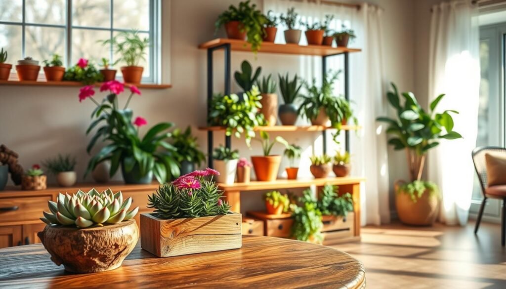 A cozy and inviting interior featuring seasonal adaptations of wood and plants year-round. In the foreground, a rustic wooden table adorned with a potted succulent arrangement and a small wooden planter filled with vibrant seasonal flowers, creating a warm and natural ambiance. The middle showcases a beautifully crafted wooden shelf displaying various potted plants, including ferns and seasonal herbs, highlighting the blend of organic textures and colors. In the background, a sunlit window with sheer curtains allows soft, natural light to illuminate the space, enhancing the atmosphere. The overall mood is serene and refreshing, ideal for a home filled with warmth and life throughout the seasons. Уse bright, airy lighting to create a well-lit environment and capture the essence of cozy home décor.