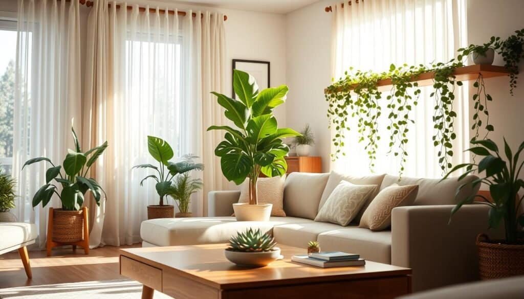 A cozy and inviting living room filled with strategically placed indoor plants that enhance air quality. In the foreground, a stylish mid-century modern coffee table adorned with a small succulent arrangement. In the middle, a large leafy fiddle leaf fig stands elegantly in a ceramic pot, positioned near a sunlit window. On the opposite side, trailing ivy cascades gracefully from a high shelf, creating visual interest. The background features soft, airy curtains gently fluttering in the breeze and warm wooden accents throughout the decor. The scene is illuminated by bright natural light, casting soft shadows and creating an uplifting, refreshing atmosphere that emphasizes the benefits of indoor plants. Use a 35mm lens for a warm, intimate feel.