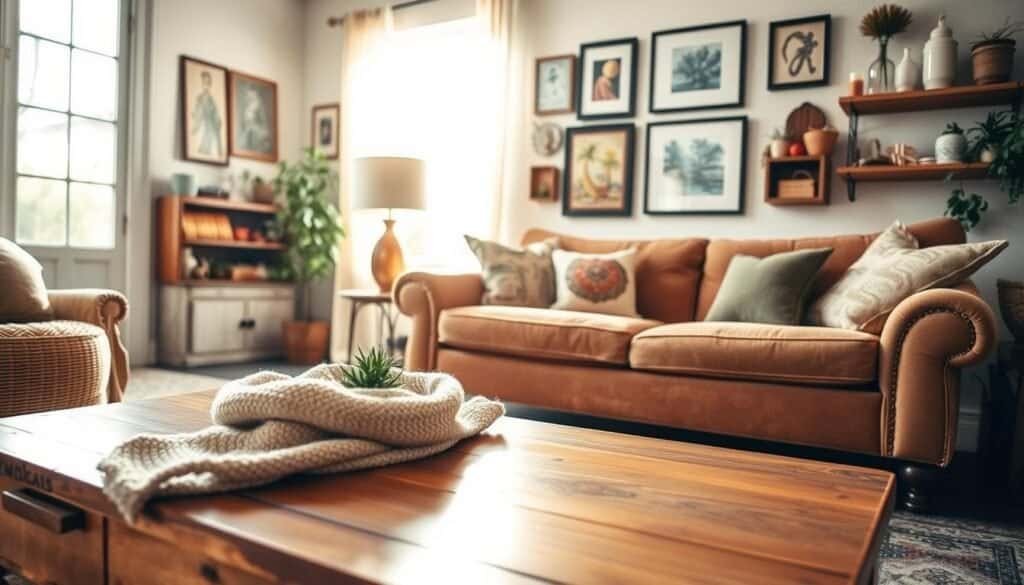 A cozy and inviting living room showcasing budget-friendly thrift store transformations. In the foreground, a beautifully refurbished wooden coffee table, adorned with a soft, textured throw blanket and a small potted plant. In the middle ground, a vintage sofa reupholstered in warm, earthy tones, paired with mismatched cushions that add character. The background features a wall gallery with framed thrifted artwork and decorative shelves filled with charming knick-knacks, bathed in soft, natural sunlight streaming through a large window. The atmosphere exudes warmth and creativity, emphasizing a sense of comfort and resourcefulness. Use bright, airy lighting to enhance the inviting ambiance, capturing the essence of a lived-in and personalized space.
