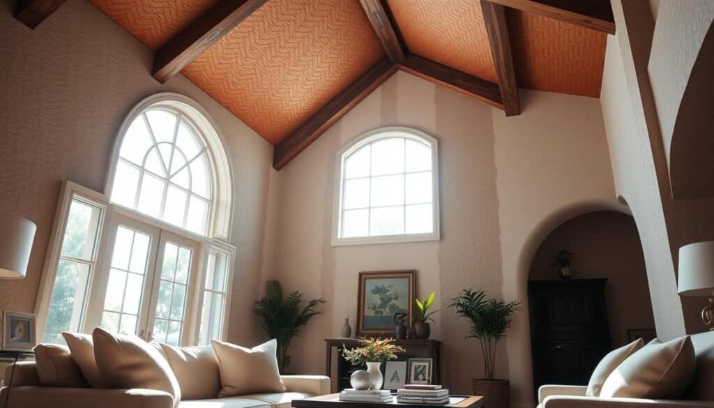 A cozy and inviting living space featuring a room with high, textured ceilings adorned with intricate wooden beams. Sunlight filters through large, elegantly framed windows, casting a warm glow on the soft, neutral-colored furnishings below. In the foreground, a plush sofa with inviting throw pillows invites relaxation, while a small coffee table displays artful decor and a few books. The middle ground reveals a tasteful arrangement of houseplants, enhancing the sense of intimacy within the space. In the background, the architectural details of the ceiling draw the eye upward, showcasing craftsmanship that adds warmth and depth to the room. The overall atmosphere is serene and welcoming, encouraging a sense of comfort and connection. The soft natural light creates gentle shadows, emphasizing the inviting texture of the furnishings and decor.