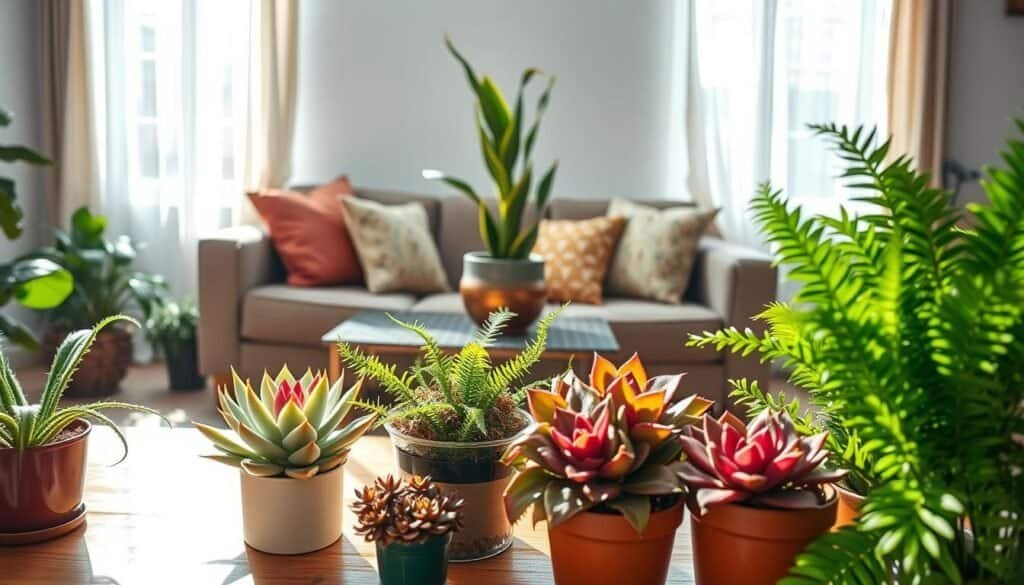 A cozy and inviting living space featuring a variety of plants suited for different environments. In the foreground, vibrant potted succulents and lush ferns are placed on a wooden coffee table, their leaves glistening in soft natural sunlight. In the middle, a stylish sofa adorned with colorful cushions complements the greenery, while a tall snake plant rises in a decorative planter beside it. The background showcases a window framed with sheer curtains, allowing bright, airy light to flood the room, enhancing the freshness of the plants. The atmosphere is serene and uplifting, perfect for promoting a human connection with nature through indoor décor.