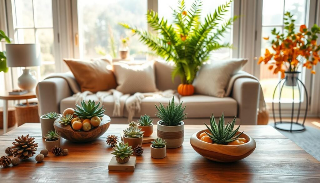 A cozy and inviting living space featuring seasonal wood and plant decor. In the foreground, a beautifully crafted wooden coffee table adorned with small succulent plants in rustic ceramic pots, scattered pinecones, and a handcrafted wooden bowl filled with seasonal fruits. The middle layer includes a softly lit, plush sofa with throws made from natural fibers, surrounded by tall potted ferns and autumnal leaves arranged in a large vase. In the background, large windows allow bright, natural light to fill the room, highlighting the soothing greenery. The atmosphere feels warm and uplifting, with a harmonious blend of textures and natural elements, capturing the essence of seasonal styling in home decor. Ensure the scene is airy and well-lit, evoking a sense of balance and tranquility.