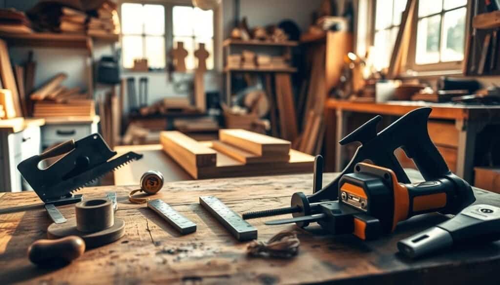A cozy and inviting woodshop scene showcasing essential tools for beginner woodworkers, arranged thoughtfully on a rustic wooden table. In the foreground, display a smooth hand saw, a sturdy chisel set, a simple measuring tape, and ergonomic wood clamps. In the middle, show a well-crafted wooden workbench with a few neatly stacked lumber pieces and a low angle view of an unfinished wooden project under soft sunlight. The background should feature shelves with various woodworking materials and tools, bathed in bright natural light streaming through a window, creating a sense of tranquility. The atmosphere should feel calm and welcoming, encouraging creativity and a peaceful woodworking experience.
