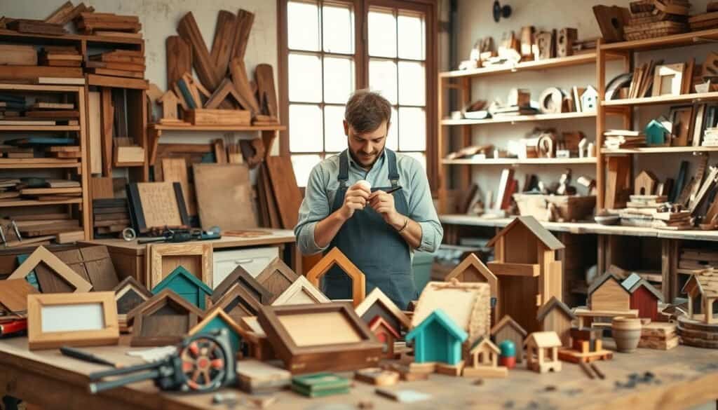 A cozy and inviting workshop scene showcasing the upcycling of wood scraps into beautiful treasures. In the foreground, a wooden workbench is adorned with various tools like a saw, sandpaper, and clamps alongside a collection of colorful wooden scraps transformed into decorative items such as rustic picture frames, small shelves, and handcrafted toys. In the middle ground, a craftsman, dressed in modest casual attire, carefully paints a small wooden piece, attention focused on his work, with an expression of satisfaction. The background features shelves filled with more upcycled creations, bathed in bright, soft natural light streaming through large windows, creating an airy and warm atmosphere. Capture the sense of creativity, sustainability, and craftsmanship as the heart of this scene, evoking inspiration for small wood projects.