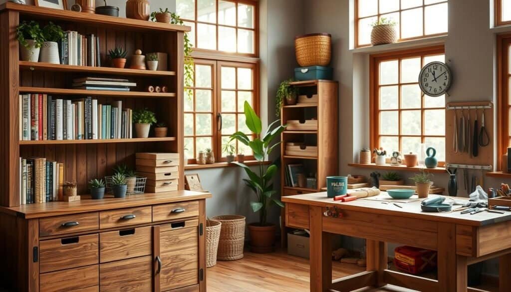 A cozy and organized room featuring practical wooden storage solutions, including a beautifully crafted wooden shelving unit filled with neatly arranged books and decorative plants. In the foreground, a rustic wooden cabinet with drawers showcases various household items, reflecting quality craftsmanship. The middle ground highlights a handcrafted wooden workbench with tools and crafting materials laid out, suggesting an inviting DIY workspace. In the background, soft natural light filters through large windows, illuminating the space and creating a warm, airy atmosphere. The overall mood is both practical and inspiring, appealing to those looking for functional yet stylish storage ideas in their homes.