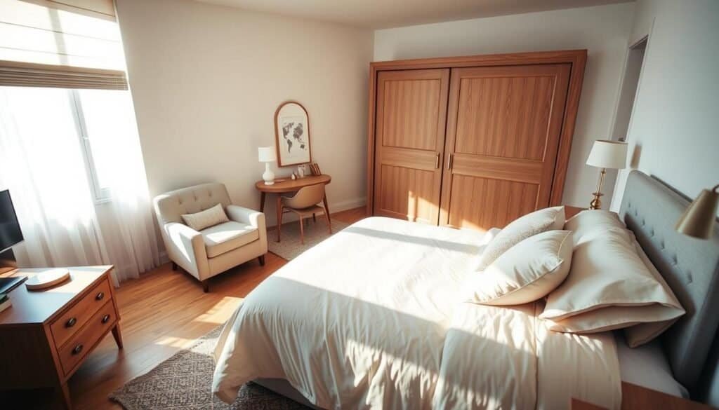 A cozy and serene bedroom scene showcasing a thoughtfully arranged furniture layout. In the foreground, a plush, neatly made queen-sized bed with soft pastel bedding and a few inviting cushions. Adjacent, a stylish nightstand with simple decorative items and a small lamp. The middle ground features an inviting armchair and a functional desk placed near a large window, allowing for ample bright, natural light to flood the space. In the background, a large, airy closet with sliding doors and a tasteful area rug that adds warmth to the wooden floor. The overall atmosphere is soft and relaxing, with gentle shadows cast by the sunlight, creating a safe and welcoming environment perfect for restful sleep. The scene should be captured from a slight angle, emphasizing flow and accessibility of the space.