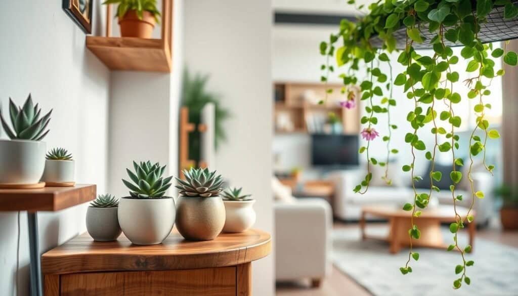 A cozy apartment corner featuring a variety of small plants suited for compact spaces, such as succulents in elegant ceramic pots, a petite geranium on a wooden windowsill, and a trailing vine cascading from a stylish shelf. In the foreground, a wooden side table showcases a rustic texture, adorned with a succulent arrangement. The middle ground highlights the vibrant plants, with rich greens and colorful blooms that evoke a sense of freshness. The background includes a softly blurred view of a well-lit living area, with bright, natural light streaming through a large window, creating a warm and inviting atmosphere. The scene captures a serene, uplifting mood, enhancing the sense of comfort and tranquility in small living spaces.