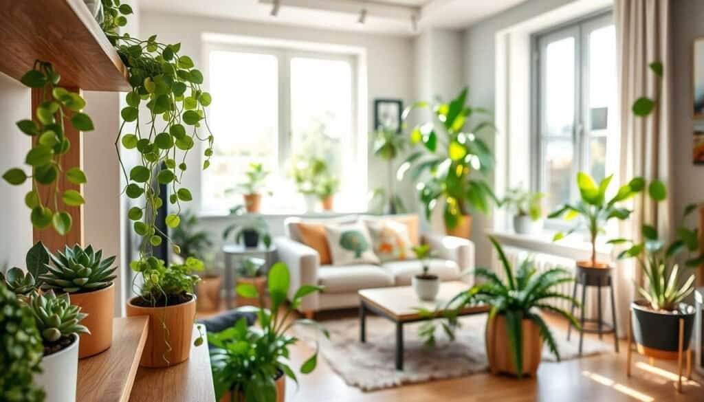 A cozy apartment interior designed for small spaces, featuring a variety of indoor plants thoughtfully arranged in creative planters. In the foreground, a stylish wooden shelf displays vibrant green succulents and cascading pothos vines. The middle ground showcases a compact living area with a light-colored sofa adorned with botanical-themed throw pillows and a coffee table adorned with a small potted fern. In the background, large windows allow bright, soft sunlight to flood the room, highlighting the plants and creating a warm, inviting atmosphere. The overall feel is airy and harmonious, emphasizing nature's connection to the living space. Captured from a slight angle to emphasize depth, using a wide lens to capture the full vibrancy of the plants and décor.