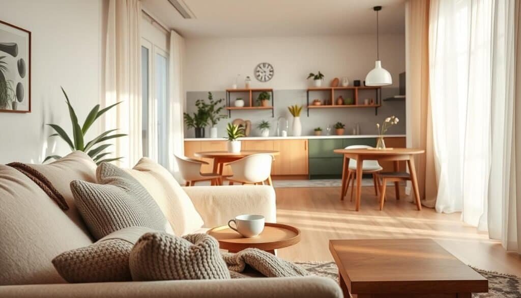 A cozy apartment interior that radiates warmth and tranquility, featuring a comfortable living room with a soft, earth-toned color palette. In the foreground, a plush sofa adorned with textured throw pillows, a knitted blanket draped casually over the arm, and a small wooden coffee table with a steaming cup of tea and a potted plant. The middle ground transitions to an inviting dining area, with a natural wood dining table surrounded by simple yet elegant chairs, illuminated by soft sunlight filtering through sheer curtains. In the background, a stylish kitchen with open shelving showcasing plants and minimalistic decor. The overall atmosphere is serene and inviting, captured with soft, natural lighting that enhances the airy feel of the space. The image should be framed to create depth, allowing a sense of flow between the areas.