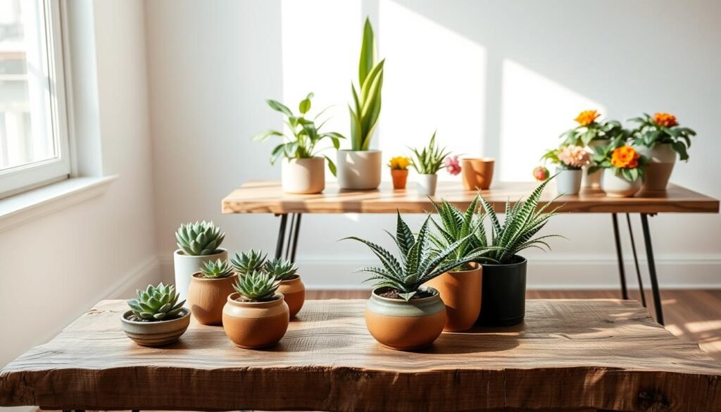 A cozy arrangement of wooden tables showcasing plant groupings in a sunlit indoor space. In the foreground, a rustic wooden table with a weathered finish displays a variety of potted plants, including succulents and ferns, arranged artfully in simple ceramic pots. The middle layer features another table with a smooth surface, topped with larger greenery like a tall snake plant and vibrant flowering pots. Soft natural light filters through a nearby window, casting gentle shadows and creating a warm, inviting atmosphere. The background reveals a clean, airy room with white walls, accentuating the earthy tones of the wood and plants. Capture this scene with a wide-angle lens to emphasize the arrangement and create depth.