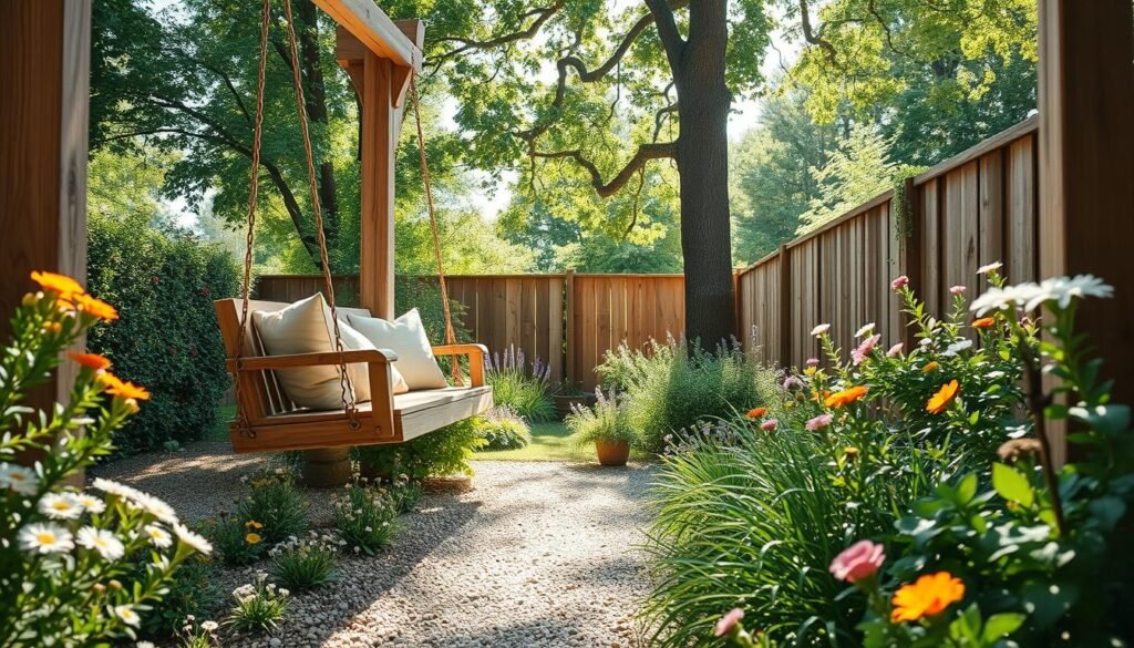 A cozy backyard garden scene featuring a natural wooden swing, gently swaying among vibrant flowers and lush greenery. In the foreground, the swing hangs from sturdy wooden beams, adorned with soft, inviting cushions. The middle ground includes a small gravel path lined with delicate shrubs and blooming plants, leading to a rustic wooden fence that defines the garden space. In the background, tall trees filter warm sunlight, casting soft, dappled shadows on the ground. The atmosphere is serene and inviting, evoking a sense of calm and tranquility. Capture this scene with bright natural light, focusing on the interplay between sunlight and shade to enhance the inviting feel of the garden room. The angle should be slightly elevated to showcase the swing and the surrounding beauty.