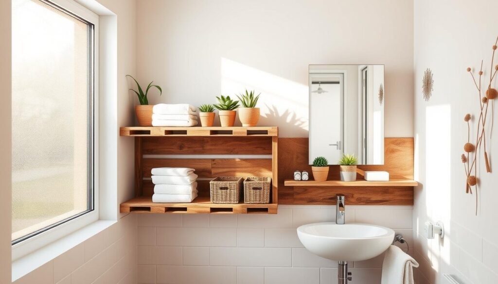 A cozy bathroom featuring DIY pallet shelving as the focal point, showcasing a rustic yet modern design. The shelving is made from weathered wooden pallets, styled with potted plants, neatly folded towels, and decorative storage baskets. In the foreground, soft sunlight streams in through a frosted window, illuminating the shelves and creating warm, inviting shadows. The middle ground includes a stylish, minimalistic sink and mirror that complement the wood tones. The background features neutral walls decorated with subtle, natural elements, enhancing the calm atmosphere. The scene conveys a sense of practicality and charm, ideal for everyday living spaces. The overall mood should be bright, airy, and welcoming, with an emphasis on functionality and aesthetic appeal.
