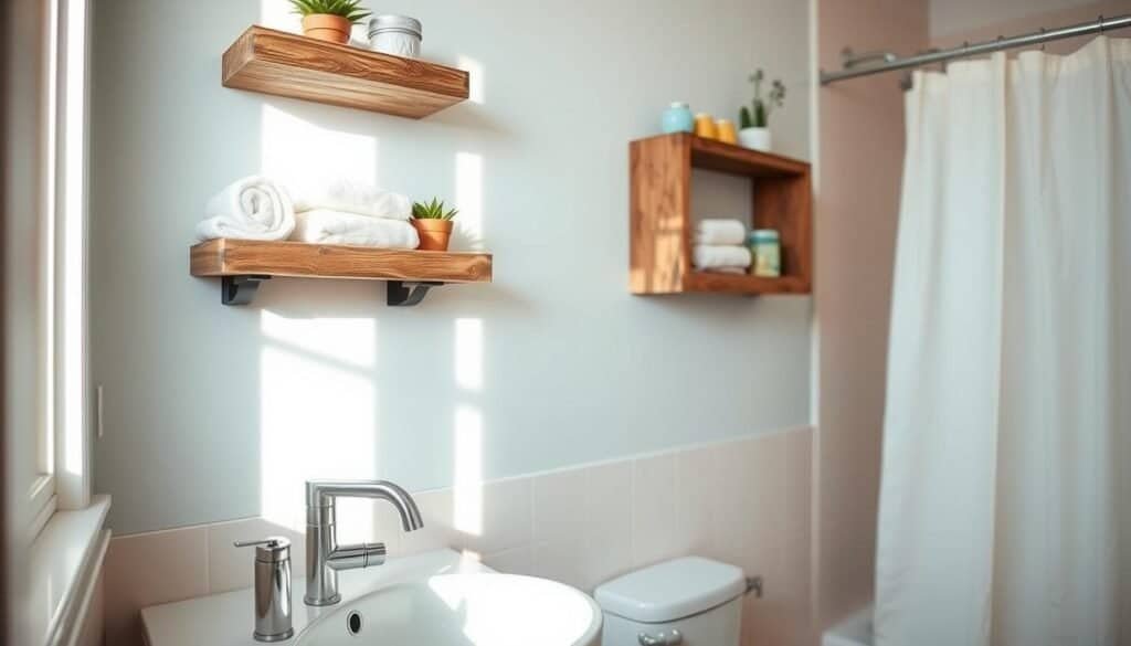 A cozy bathroom scene featuring DIY pallet shelves elegantly mounted on a wall, displaying neatly organized bath essentials such as rolled towels, small potted plants, and decorative jars. The shelves made of rustic wood have a weathered finish, enhancing their upcycled charm. In the foreground, a stylish bathroom sink with a sleek faucet reflects soft sunlight streaming through a nearby window. The middle ground showcases the shelves filled with vibrant greenery and colorful decor items, while the background includes a soothing, minimalist shower curtain and light-colored tiles. The atmosphere is bright and inviting, with a sense of practicality and warmth, captured with a well-lit composition using natural light. The photo conveys a serene and organized space perfect for relaxation.