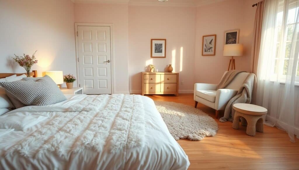 A cozy bedroom adorned with soft, warm lighting that creates an inviting atmosphere. The foreground features a plush, inviting bed with fluffy white bedding and an array of textured pillows in pastel shades. A bedside table holds a small vase of fresh flowers and a softly glowing lamp. In the middle ground, a plush rug lies on natural wooden floors, enhancing the warmth of the space. A comfortable armchair, draped with a cozy throw blanket, invites relaxation. The background showcases softly painted walls adorned with subtle artwork, and a window reveals gentle rays of morning sun filtering through sheer curtains. The overall mood is serene and tranquil, perfect for restful moments. The scene is captured in a wide angle to emphasize the harmonious layout and airy ambiance.