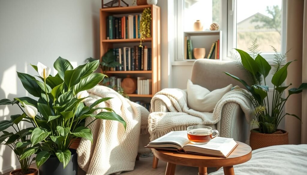 A cozy bedroom corner sanctuary featuring a plush armchair draped with soft, textured blankets, surrounded by lush potted plants including peace lilies and ferns. In the foreground, a small wooden side table holds a steaming cup of herbal tea and an open book. The middle ground showcases a stylish bookshelf filled with well-organized books and a few decorative wooden objects. The background consists of a calming wall painted in light pastel colors, with gentle sunlight streaming in through a large window, creating soft shadows and a warm, inviting atmosphere. The scene is captured from a slightly elevated angle to highlight the serene mood, emphasizing the harmony of wood and greenery in this peaceful space.