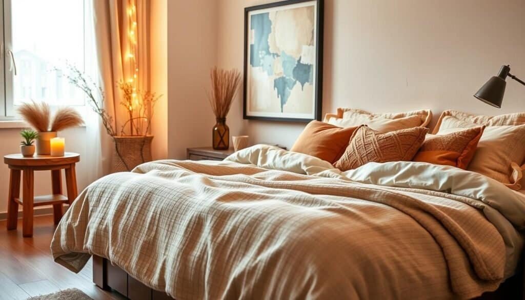 A cozy bedroom decor scene filled with warm, inviting details. In the foreground, a plush, oversized bed draped in soft, textured blankets and adorned with an array of decorative pillows in earthy tones. A rustic wooden nightstand holds a glowing candle and a small potted plant, casting a warm hue. In the middle ground, a beautifully framed abstract art piece hangs above the bed, complemented by twinkling fairy lights that add a magical touch. The background features a large window, allowing bright, natural light to flood the space, illuminating the soft, wooden flooring. The overall atmosphere is serene and welcoming, designed to evoke feelings of comfort and personalization in a well-decorated bedroom.