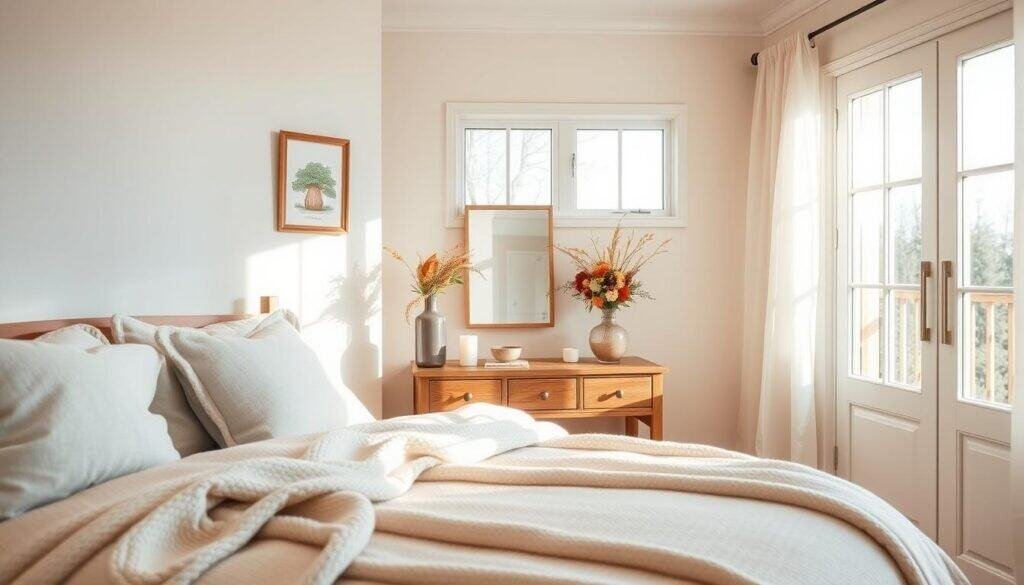 A cozy bedroom decorated for seasonal charm, featuring a pastel color palette with pops of autumn and winter decor. In the foreground, a neatly made bed with a soft throw blanket and plush pillows, arranged invitingly. The middle layer showcases a wooden nightstand adorned with a small vase of seasonal flowers, a scented candle, and a decorative bowl. In the background, large windows allow soft, warm sunlight to stream in, illuminating the airy space. Light, sheer curtains flutter gently, enhancing the tranquil atmosphere. A few tasteful wall art pieces with seasonal themes complement the decor without overwhelming the space. The overall mood is warm and inviting, perfect for creating a clutter-free, cozy retreat. The image should be bright and clear, emphasizing natural lighting and emphasizing the beauty of simple, seasonal touches.