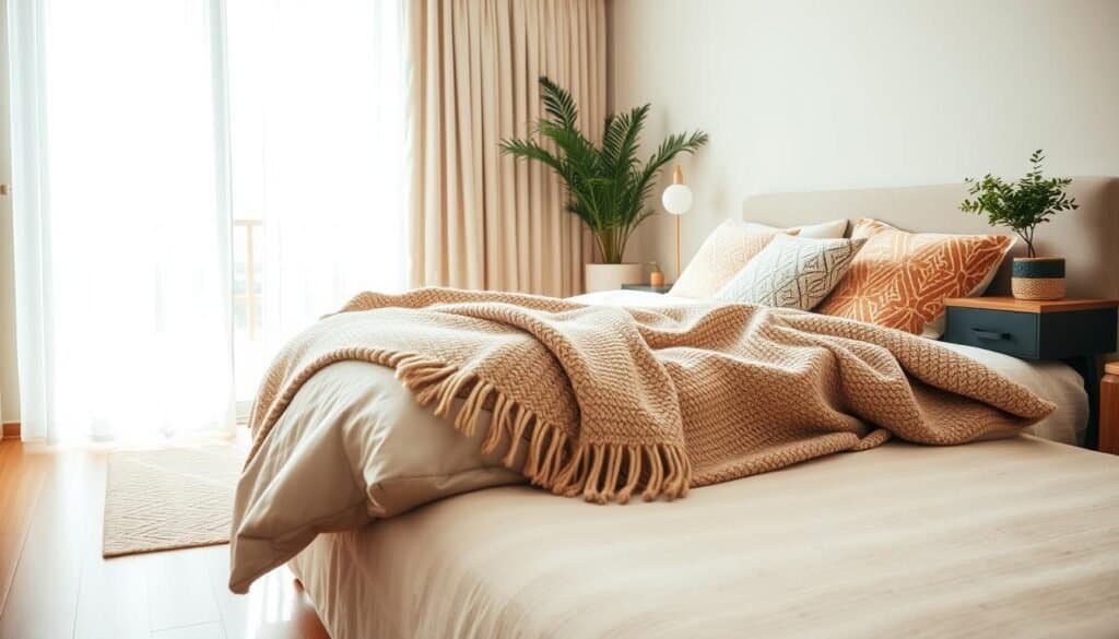A cozy bedroom design featuring layered textiles for a complete and inviting look. In the foreground, a plush bed adorned with an array of soft, patterned throw pillows and a warm, textured blanket creates a focal point. The middle ground showcases a stylish nightstand with a small potted plant and a softly glowing lamp, enhancing the warmth of the space. In the background, light-filtering curtains sway gently in the bright, natural sunlight illuminating the room. The walls are painted a soothing pastel tone, and a subtle area rug adds depth to the hardwood floor. The atmosphere is serene and inviting, evoking a sense of comfort and tranquility, perfect for relaxation and rejuvenation. Bright and airy lighting enhances the soft and welcoming mood.
