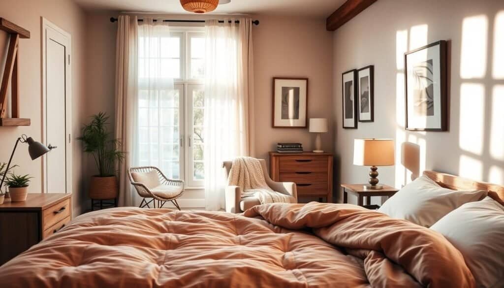 A cozy bedroom design that exudes warmth, featuring a inviting queen-sized bed with a soft, plush duvet in earthy tones. The foreground includes a wooden nightstand with a small potted plant and a warm lamp casting a gentle glow. In the middle ground, a stylish armchair with a knitted throw sits beside a window, allowing bright natural light to filter through sheer curtains. The background showcases softly painted walls adorned with framed artwork, enhancing the inviting atmosphere. The room is decorated with rustic wooden accents and soft textiles, all under a soothing, airy ambiance. Capture this serene space with soft sunlight streaming in, using a wide-angle lens to emphasize openness and comfort. The overall mood is warm, inviting, and rejuvenating, perfect for a restful retreat.