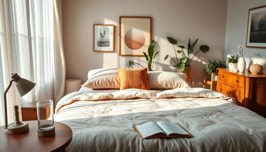 A cozy bedroom designed for optimal sleep, featuring a neatly made bed with soft, textured pillows and a warm, inviting duvet. The foreground showcases a bedside table with a small, dimly-lit lamp, a glass of water, and a sleep journal. In the middle, the bed rests on a plush rug, surrounded by elegant wooden furniture and calming artwork on the walls. Natural light filters in through sheer curtains, casting gentle shadows and creating a serene atmosphere. In the background, houseplants add a touch of greenery, enhancing the tranquil ambiance. The overall mood is peaceful and restorative, emphasizing a space that promotes restful sleep and comfort. Use bright, natural light to illuminate the room, capturing the softness and warmth of the environment.