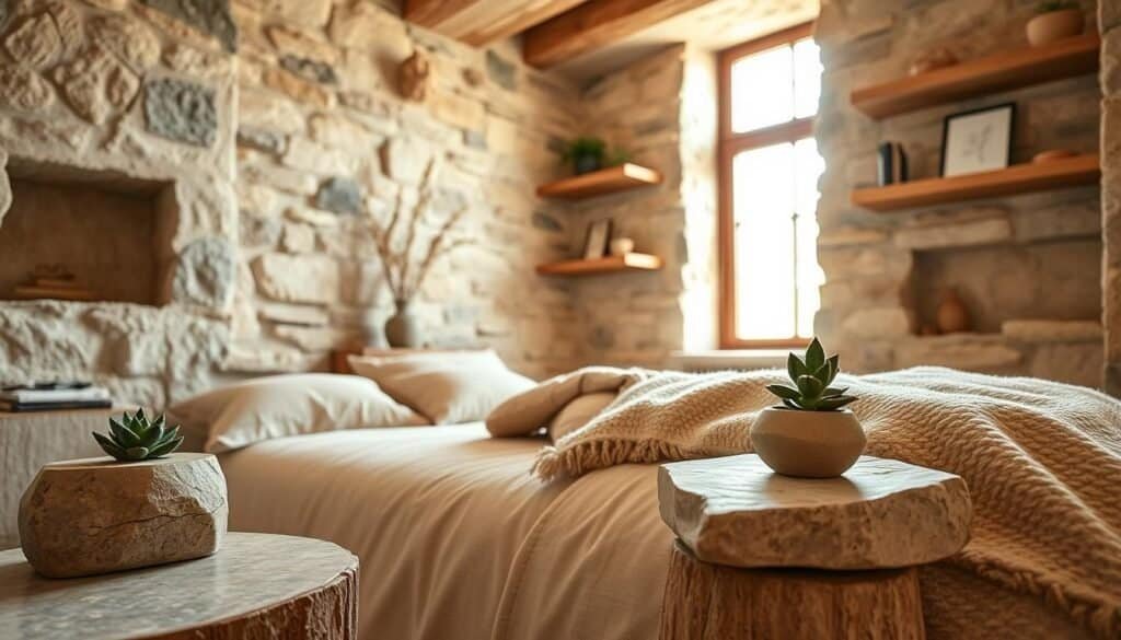 A cozy bedroom designed with natural stone elements, featuring a bed adorned with beige linen bedding and a plush, soft throw. The foreground showcases a bedside table crafted from smooth, polished stone, holding a small potted succulent. In the middle, the walls are decorated with exposed stone accents, harmonizing with wooden shelves displaying minimalist décor. The background reveals a window allowing bright, soft natural light to fill the room, illuminating the textures of the stone and wood. Use warm, inviting tones to create a serene atmosphere, evoking a sense of tranquility and comfort. The angle should be slightly elevated, capturing the entire scene with an airy feel, emphasizing the interplay between the natural materials.