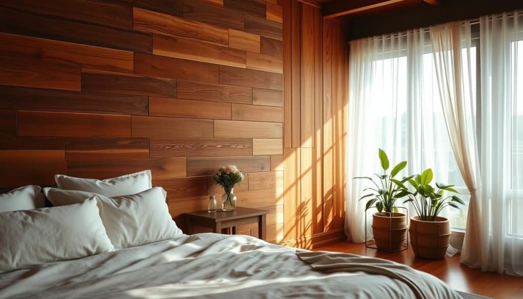 A cozy bedroom featuring a beautifully crafted wood accent wall, showcasing rich textures and warm tones. In the foreground, a plush, inviting bed dressed in soft, neutral linens invites relaxation, with a few decorative pillows adding a touch of elegance. To the side, a small, wooden bedside table holds a simple vase of fresh flowers. The middle ground reveals soft natural lighting filtering through sheer curtains, highlighting the grain of the wood wall. In the background, a gentle view of potted plants adds a touch of greenery. The overall atmosphere exudes tranquility and warmth, perfect for a restful retreat. The scene is well-lit with soft sunlight, creating an airy, calm ambiance, captured with a slightly elevated angle to emphasize the cozy feel of the space.