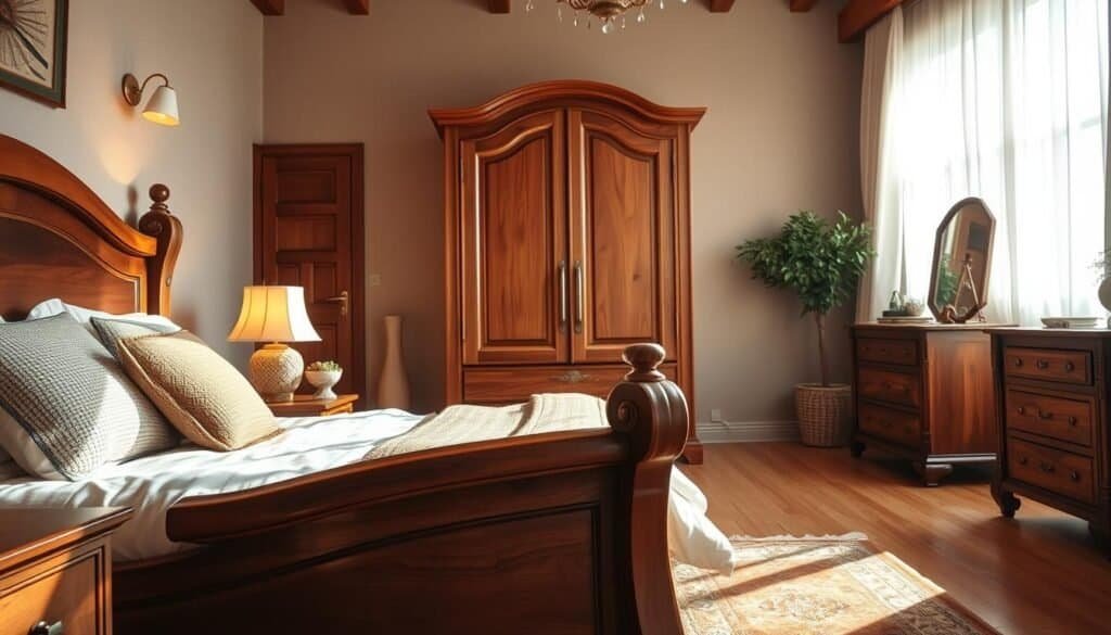 A cozy bedroom featuring a combination of statement wooden furniture pieces that radiate warmth. In the foreground, a beautifully crafted wooden bed with plush bedding and soft, textured pillows invites relaxation. To the side, an intricate wooden nightstand holds a warm lamp that casts gentle light. The middle of the room showcases a large, rustic wooden dresser with elegant details, reflecting the natural grain of the wood. In the background, airy curtains frame a window that allows bright natural light to filter in, creating a serene atmosphere. The floor is adorned with a warm-toned rug, enhancing the inviting feel. Capture the soft sunlight streaming in to evoke a calm and uplifting ambiance, using a wide-angle lens to encompass the entire space.