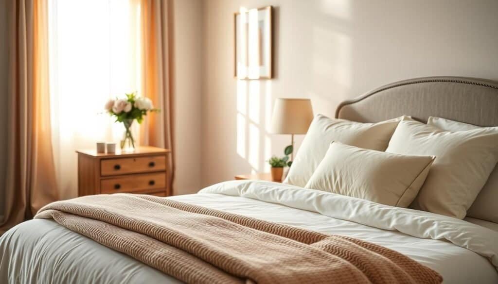A cozy bedroom featuring a freshly refreshed bed with soft, inviting bedding in calming pastel colors. The foreground showcases a well-made queen-sized bed adorned with fluffy pillows and a plush throw blanket, arranged neatly. In the middle ground, a tasteful wooden nightstand holds a small vase of fresh flowers, adding a touch of nature. The background reveals warm, natural light streaming through sheer curtains, illuminating the room with an airy feel. A piece of framed artwork hangs softly on the wall, complementing the serene atmosphere. The overall mood is tranquil and inviting, perfect for evoking a sense of comfort and relaxation. The angle captures the room from a corner, emphasizing the inviting layout.