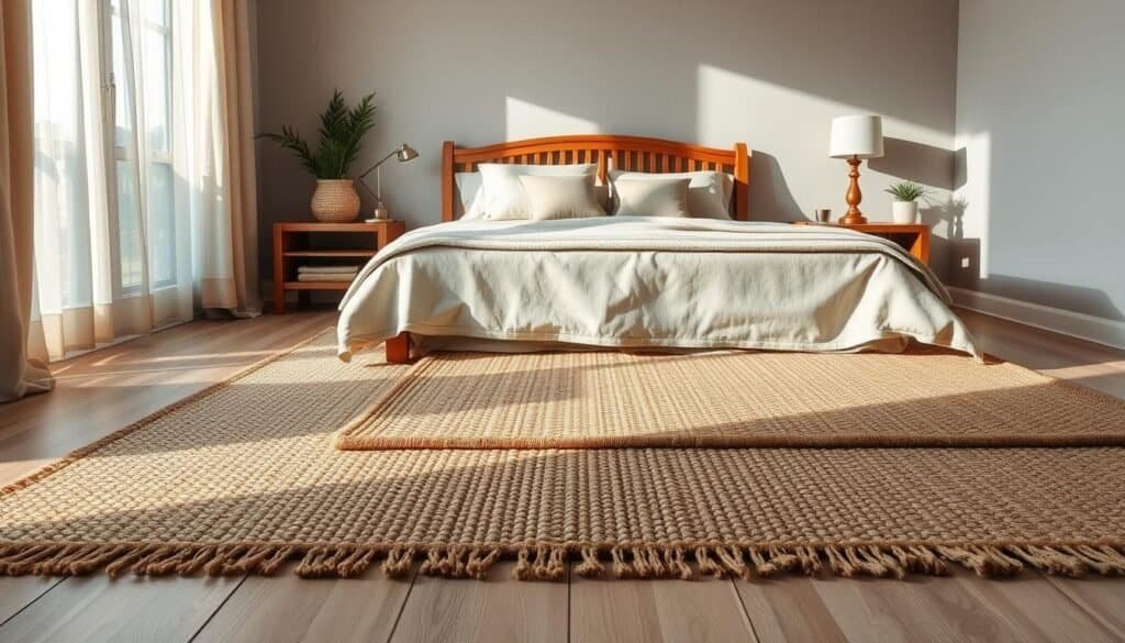 A cozy bedroom featuring a layered arrangement of area rugs on a natural wood floor. In the foreground, showcase a large, textured jute rug layered beneath a smaller, patterned wool rug, creating warmth and comfort. In the middle ground, include a beautifully crafted wooden bed frame adorned with soft, inviting bedding that complements the rugs, with pillows in muted earth tones. The background should have soft natural light filtering through sheer curtains, casting gentle shadows across the room. Add elements like wooden bedside tables with stylish lamps and natural greenery to enhance the cozy atmosphere. Capture the scene with a wide-angle perspective, emphasizing the inviting, serene mood of the space, perfect for relaxation and unwinding.