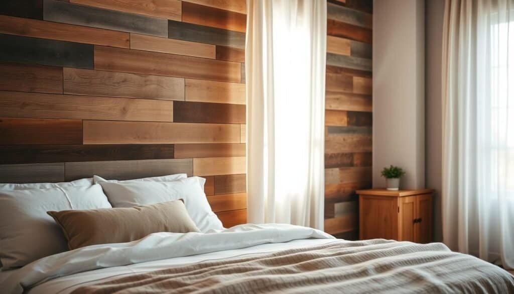 A cozy bedroom featuring a reclaimed wood accent wall, showcasing various shades of brown and gray, with texture and character from aged timber. In the foreground, a neatly made bed adorned with soft, neutral linens and a plush throw. The middle ground highlights the accent wall, with its rustic beams and imperfections, warmly illuminated by soft, natural sunlight filtering through sheer curtains. The background includes a wooden nightstand with simple decor, such as a small potted plant and a decorative lamp. The overall atmosphere is serene and inviting, evoking a calming, rustic charm, with bright natural light enhancing the tranquil setting. The perspective is slightly angled to provide depth, capturing the essence of a relaxing retreat.
