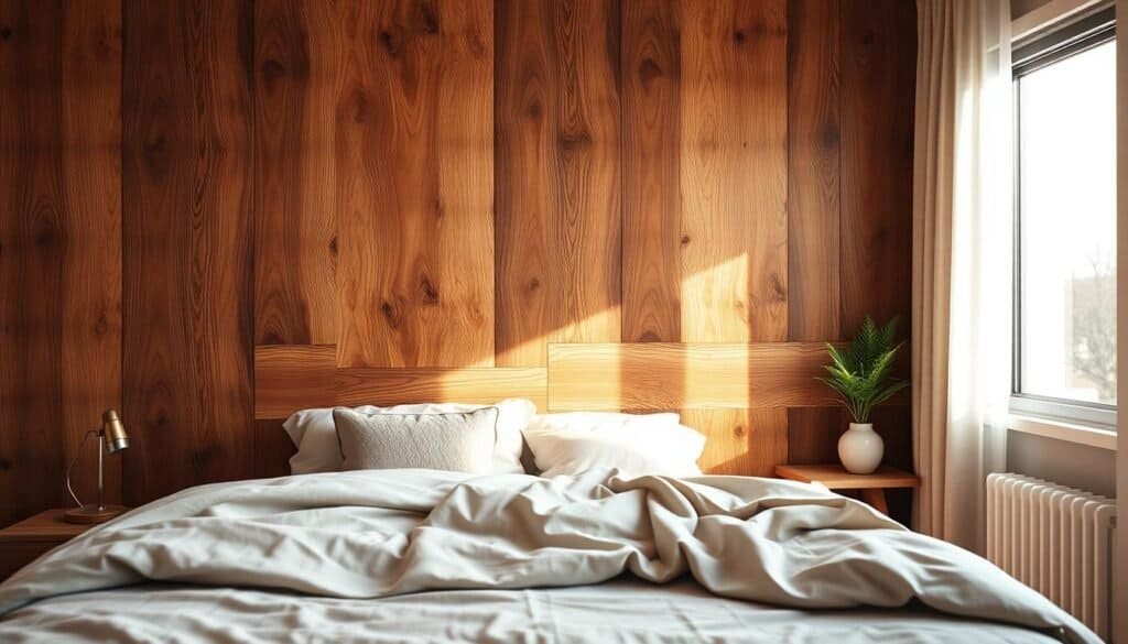 A cozy bedroom featuring a stunning wood accent wall as the focal point. The foreground showcases a plush bed with soft, neutral bedding and decorative pillows, inviting relaxation. In the middle ground, the rich, textured wood wall displays intricate patterns and natural grains, beautifully illuminated by soft, warm sunlight streaming through a nearby window, creating a tranquil ambiance. The background includes a serene bedside table with a minimalist lamp and a small potted plant, enhancing the calm atmosphere. The scene is captured with a wide-angle lens to incorporate the spaciousness of the room, emphasizing the harmonious integration of natural elements. The overall mood is restful and inviting, perfect for a peaceful retreat.