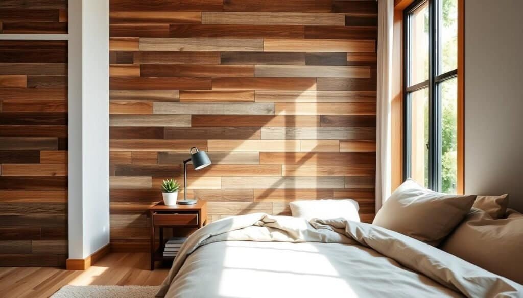 A cozy bedroom featuring a stunning wooden accent wall made of rich, textured reclaimed wood planks, showcasing a mix of warm browns and subtle grays. In the foreground, a plush, neatly made bed with soft, neutral linens and oversized pillows adds comfort. The middle ground features a stylish bedside table with a minimalist lamp and a few decorative items like a small potted plant and a stack of books. Bright natural light streams in through a large window, casting soft shadows and illuminating the room's natural wood accents. In the background, a hint of greenery from outside peeks through the window, enhancing the serene atmosphere. The overall mood is tranquil and inviting, evoking a sense of sanctuary and warmth.