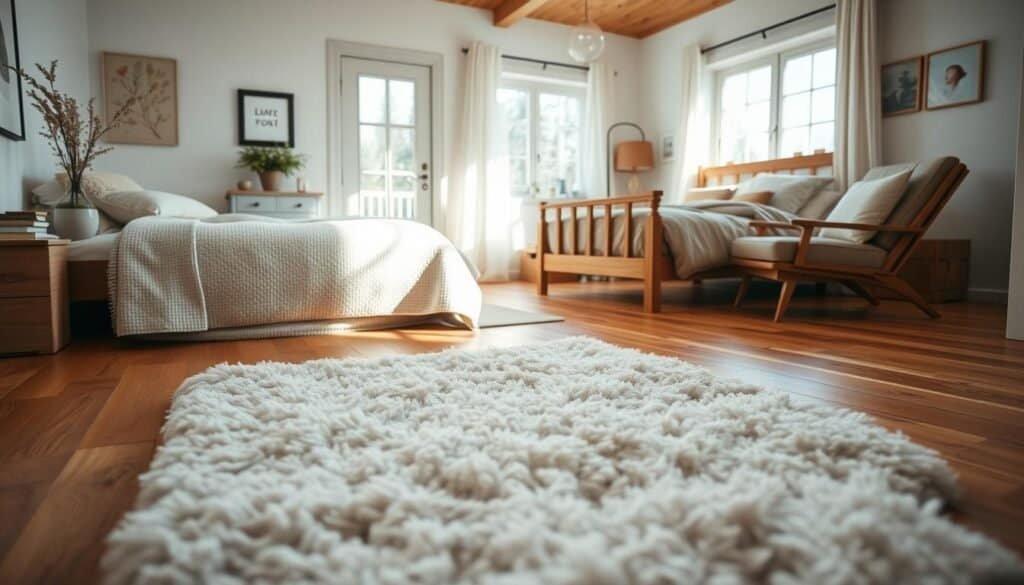 A cozy bedroom featuring a variety of flooring solutions that evoke warmth and comfort. In the foreground, showcase a soft, plush area rug layered over a natural wood floor, highlighting the texture. The middle ground displays a beautiful hardwood floor with a rich, warm finish, illuminated by soft sunlight streaming in through a large window, creating a peaceful atmosphere. The background features a charming bed with neatly arranged bedding in earthy tones, and a cozy reading nook with a comfortable chair and a small side table. Use bright, airy lighting to enhance the welcoming mood, and shoot from a slightly angled perspective to capture the inviting space effectively. No people are present in the scene, ensuring a focus on the flooring and overall ambiance.