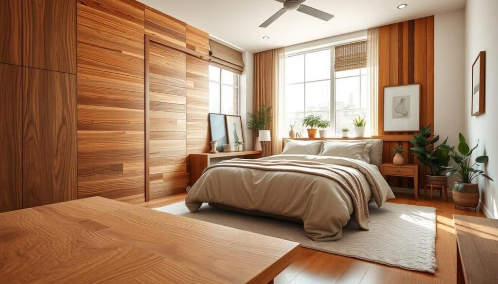 A cozy bedroom featuring a variety of wooden wall treatments, including rich oak panels, softly textured wood accent walls, and decorative wooden planks. The foreground showcases intricate wood grain details, while the middle captures the warmth of natural wood juxtaposed with soft textiles like a plush bedspread and pillows in neutral tones. In the background, large windows allow bright natural light to flood the space, enhancing the airy atmosphere with soft sunlight creating gentle shadows. The room is styled with tasteful décor, including houseplants and minimalist art, evoking a serene and inviting ambiance. The angle is slightly elevated to capture both the wall treatments and the inviting bedroom layout, emphasizing a harmonious blend of natural elements and comfort.