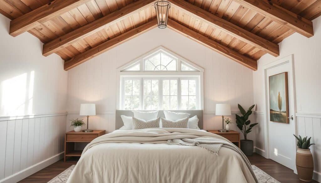 A cozy bedroom featuring a vaulted ceiling design, showcasing elegant wooden beams with a light, airy feel. The foreground includes a plush, lightly colored bed adorned with fluffy pillows and a soft throw blanket. On either side, minimalist nightstands with soft lamps add warmth. The middle ground is defined by smooth wall treatments in muted tones that create depth, such as shiplap and delicate paneling. A large window allows bright, natural sunlight to fill the space, casting gentle shadows. The background reveals tasteful decor like potted plants and a soft area rug, emphasizing comfort without clutter. Capture this scene with bright, diffused lighting, angled to highlight the textures of the walls and ceiling, creating a serene and inviting atmosphere.