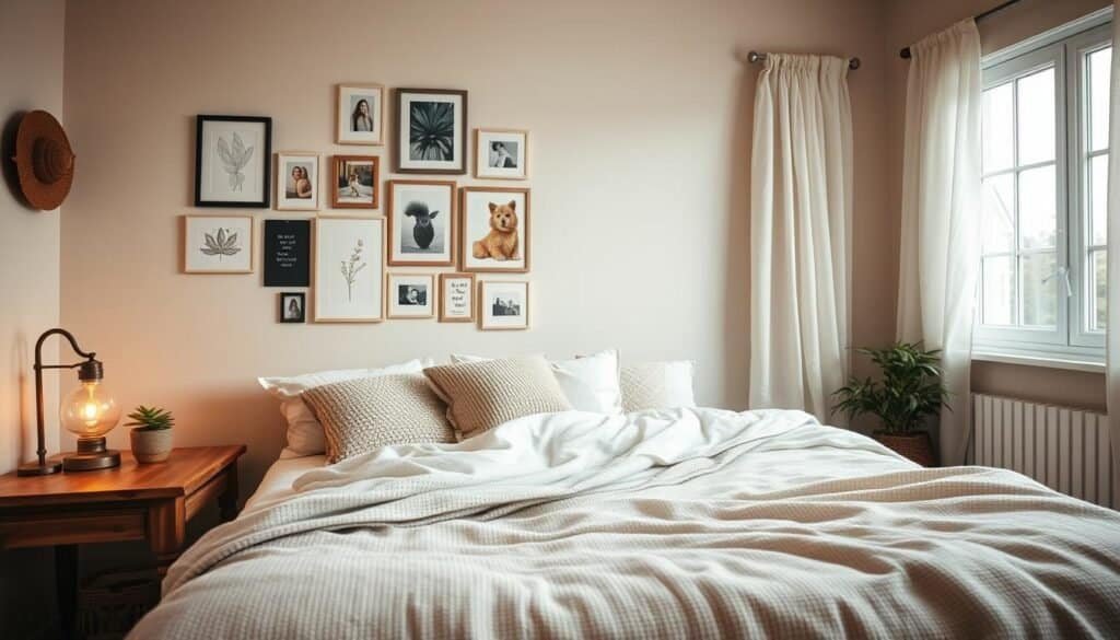 A cozy bedroom featuring a warm and inviting atmosphere, with a neatly made queen-sized bed draped in soft, textured blankets and plush pillows. In the foreground, there's a rustic wooden nightstand adorned with a small potted plant and a vintage lamp casting a soft, warm glow. The middle layer reveals a thoughtfully arranged gallery wall with personal art pieces and framed photographs, showcasing unique touches that reflect individuality. The background displays a large window offering bright, natural light that floods the room, highlighting airy curtains gently billowing in the soft breeze. Subtle colors like muted pastels and earth tones create a calm ambiance, evoking feelings of comfort and personal sanctuary. The scene is captured from a slightly elevated angle, enhancing the depth and inviting nature of the space.