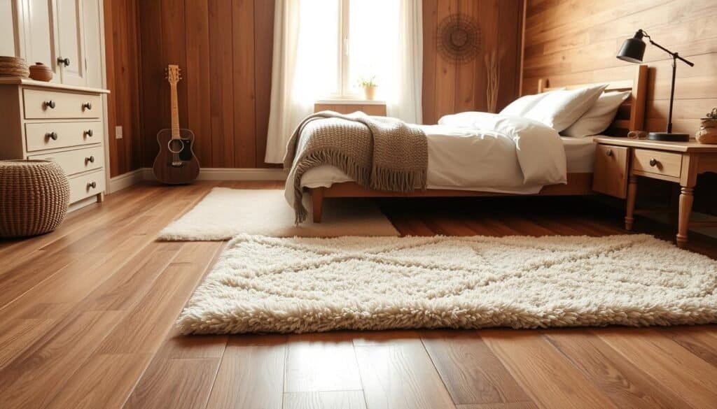 A cozy bedroom featuring a warm wooden floor solution designed to combat chilliness, showcasing well-polished oak or maple planks that invite comfort. The foreground highlights a plush area rug in soft, neutral tones to enhance warmth and texture. In the middle ground, a beautifully made bed with fluffy white linens and a knitted throw blanket creates an inviting focal point. The background displays a softly lit window allowing gentle sunlight to stream in, illuminating the serene space with a touch of warmth. The atmosphere is peaceful and inviting, perfect for relaxation, with a soft color palette of browns and creams. Ideal lighting captures the natural beauty of the wood while maintaining an airy, spacious feel. The angle offers a slightly elevated view to encompass the entire room.
