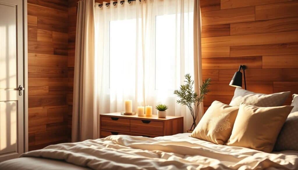 A cozy bedroom featuring an accent wall made of warm, natural wood planks, complemented by soft, neutral-toned bedding and plush throw pillows. The foreground showcases a serene bed with a fluffy duvet and decorative cushions, inviting relaxation. In the middle, a stylish wooden nightstand holds a few cozy candles and a small succulent plant, enhancing the natural feel. The background includes a softly illuminated window draped with sheer curtains, allowing bright, natural light to pour in, casting gentle shadows that create an airy atmosphere. The lighting is warm and inviting, accentuating the textures of the wood and fabrics. The overall mood is tranquil and soothing, perfect for a relaxing retreat.