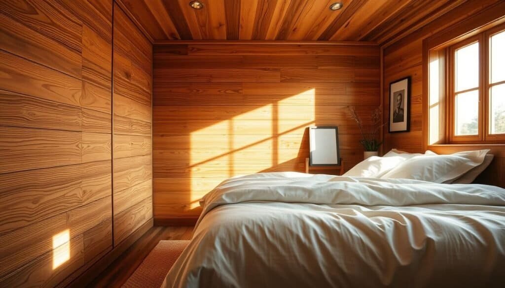 A cozy bedroom featuring beautifully crafted wooden wall treatments that insulate and add character. In the foreground, showcase intricate wood paneling with rich textures and finishes, highlighting grain patterns. The middle ground displays a warm, inviting bed dressed in soft linens, adorned with plush pillows to enhance comfort. Sunlight streams through a large window, illuminating the space with bright, natural light, creating a serene atmosphere. In the background, include subtle elements like plants or framed artwork to complement the wooden walls without overwhelming the scene. Capture the image from an angle that emphasizes the depth and warmth of the room, evoking a mood of tranquility and inviting warmth.