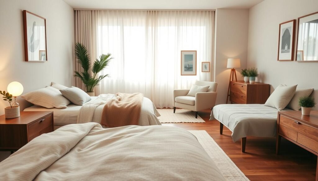 A cozy bedroom featuring comfortable furniture that evokes warmth and relaxation. In the foreground, a plush, inviting bed with a soft, textured duvet and plush pillows in neutral tones. Beside the bed, a sleek wooden nightstand with a small potted plant and a softly glowing lamp. In the middle, a light, airy area rug complements the hardwood floor, while a comfortable armchair upholstered in light fabric sits in a reading nook, surrounded by framed artwork. In the background, soft natural light streams through a large window, illuminating sheer curtains and a serene color palette of soft earth tones. The overall atmosphere is calm and inviting, with an emphasis on warmth and simplicity, ideal for creating a comfortable space.