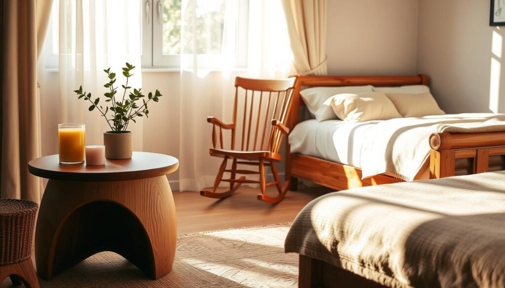 A cozy bedroom featuring elegant wooden accent furniture pieces that enhance comfort and relaxation. In the foreground, display a stylish wooden side table with soft, rounded edges, adorned with a small potted plant and a warm candle. In the middle, showcase a charming wooden rocking chair with plush cushions, invitingly placed near a window, allowing bright natural light to filter through sheer curtains. The background features a rustic wooden bed frame with a neatly made bed topped with soft, neutral-toned bedding. The atmosphere is warm and inviting, enhanced by soft sunlight casting gentle shadows, creating a serene and airy ambiance. The scene captures the essence of simplicity and tranquility, emphasizing the impact of small wooden furniture in making a bedroom feel cozier and more relaxed.