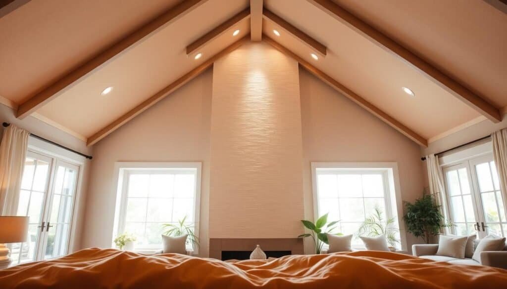 A cozy bedroom featuring exquisite vaulted ceilings that draw the eye upward. The foreground showcases plush bedding in warm, inviting tones, complemented by a wooden nightstand adorned with a subtle texture. In the middle, a wall with a soft, textured finish enhances the warmth of the room, perhaps incorporating recessed lighting that casts a gentle glow. Large windows in the background allow natural sunlight to stream in, creating an airy atmosphere that highlights the architectural details of the vaulted ceiling. The space is filled with comfortable furniture, elegantly arranged to promote relaxation, while greenery peeks through the windows, adding a touch of life and vibrancy. The overall mood is serene and inviting, perfect for a peaceful retreat.