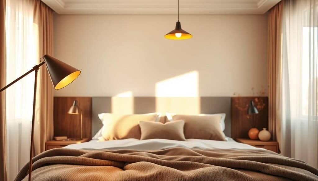 A cozy bedroom featuring modern lighting solutions that exude warmth and comfort. In the foreground, a stylish bedside lamp casts a soft, warm glow on a neatly made bed with textured throws and plush pillows in calming earth tones. In the middle ground, a minimalist pendant light hangs elegantly over the bed, illuminating the space with gentle golden light. The background showcases soft, sheer curtains allowing natural sunlight to filter in, creating an airy atmosphere. The walls are painted in a soft pastel hue, complemented by wooden accents. The overall mood is inviting and tranquil, ideal for transformation of cold, drained spaces into a warmth-filled sanctuary. The scene is captured from an angle that emphasizes the lighting effects, creating a serene ambiance.