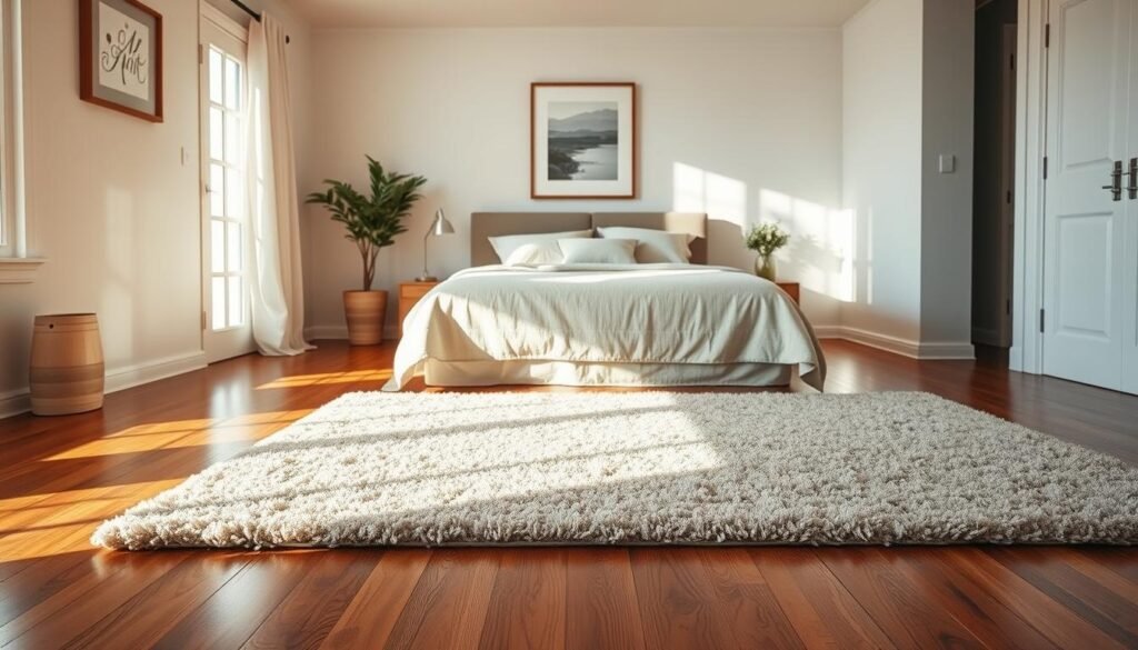 A cozy bedroom featuring rich wooden flooring glistening in soft, natural sunlight. In the foreground, a plush area rug in soothing earthy tones, artfully layered on the wood, enhances warmth and texture. In the middle, a beautifully made bed with simple, neutral-toned linens invites relaxation, surrounded by tasteful decorative pillows. The background showcases soft-lit walls adorned with minimalist art, complemented by a potted plant that adds a touch of greenery. The scene is airy and well-lit, creating an inviting atmosphere that feels both relaxing and stylish. Capture this imagined space from a slightly elevated angle to highlight the harmonious blend of wood flooring and area rugs, emphasizing the cozy ambiance while maintaining a realistic home décor aesthetic.