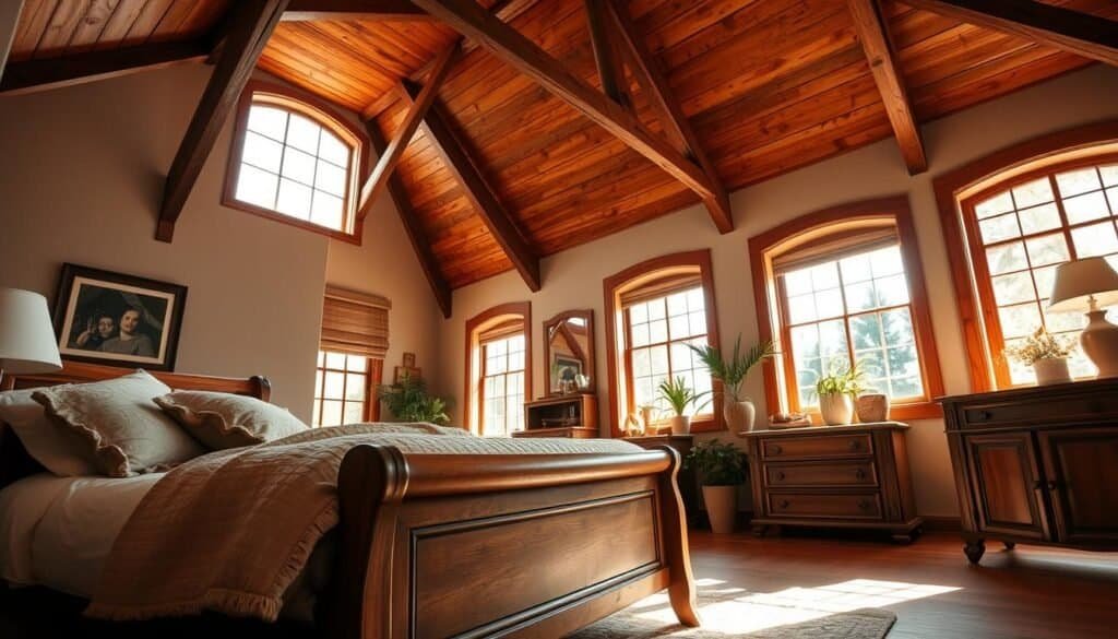 A cozy bedroom featuring vaulted ceilings adorned with rich wooden beams, creating a warm, rustic ambiance. In the foreground, a beautifully crafted wooden bed with soft, textured linens in soothing earth tones invites relaxation. The middle ground showcases stylish wooden furniture, such as a chest of drawers and a bedside table, complemented by decorative elements like potted plants and plush cushions. The background reveals expansive windows allowing bright, natural light to pour in, illuminating the space. The scene is filled with soft sunlight, enhancing the inviting atmosphere. The angle captures the height of the ceilings and the elegance of the woodwork, emphasizing a serene and tranquil mood that embodies comfort and nature.