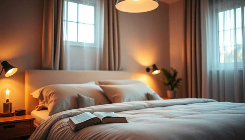 A cozy bedroom featuring warm, inviting lighting, with a soft, ambient glow emanating from stylish bedside lamps and a chic overhead pendant light. In the foreground, a beautifully made bed adorned with neutral-toned linens and plush pillows invites relaxation. The middle layer showcases a carefully arranged nightstand, complete with a small potted plant and a beautiful, textured book, all under the gentle illumination of the lamps. The background reveals a window dressed with sheer curtains, allowing soft, natural sunlight to filter in, enhancing the warm atmosphere. The overall mood is serene and tranquil, evoking a sense of comfort and peace in the heart of the home. The image should use a warm color palette, with a focus on light play and depth, capturing the essence of a welcoming sanctuary.