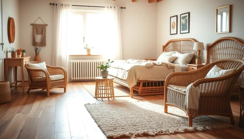 A cozy bedroom featuring warm rattan and wicker furniture, including a stylish rattan bed frame with soft, neutral-toned bedding and a pair of wicker nightstands. In the foreground, a comfortable armchair made of woven rattan sits beside a small wooden side table holding a potted plant. The middle layer showcases a softly lit wooden floor, accentuated by a plush area rug in earthy tones. The background is filled with a sunny window, letting in bright, natural light that creates a warm ambiance, reflecting off light-colored walls adorned with simple art pieces. The atmosphere is inviting and serene, encouraging a sense of relaxation and connection to natural materials. This scene exudes a harmonious blend of textures and warmth.