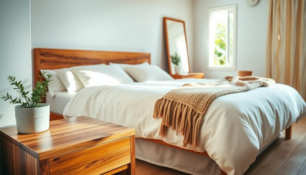 A cozy bedroom featuring warm wood accents in a harmonious, clutter-free design. In the foreground, a beautifully crafted wooden nightstand with a smooth finish holds a small plant and a softly glowing lamp. Next to it, a plush, neutral-toned bed with a wooden headboard enhances the inviting atmosphere. The middle layer showcases a handwoven throw draped elegantly over the bed and a wooden framed mirror reflecting the soft, natural light streaming through a nearby window. In the background, light wooden flooring complements the warm tones of the accents, and a hint of greenery is visible through the window, bringing the outdoors in. Capture this scene in bright, soft sunlight, using a wide-angle lens to create an airy, well-lit ambiance that evokes comfort and tranquility.