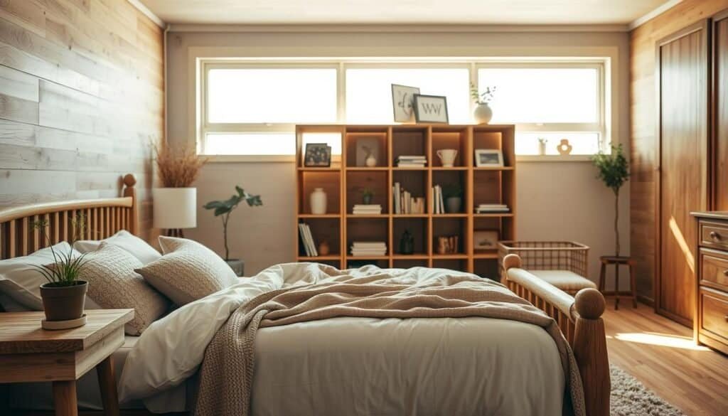 A cozy bedroom featuring wooden accents that create a warm and inviting atmosphere. In the foreground, a beautifully crafted wooden bed frame with soft, neutral bedding and an assortment of textured throw pillows, complemented by a rustic wooden side table holding a small potted plant. In the middle ground, a wooden bookshelf displays curated decor items and books, while a plush area rug adds comfort beneath. The background includes a large window allowing bright natural light to filter in, casting soft shadows and illuminating the room with a serene glow. The walls are adorned with subtle wood paneling, enhancing the cozy ambiance. The scene conveys tranquility and warmth, perfect for a restful retreat. The overall lighting is soft and airy, evoking a sense of calm and contentment.